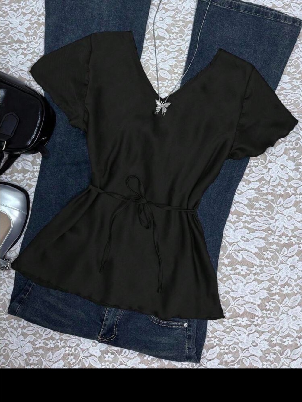 Black V-Neck Tie-Waist Women's Top
